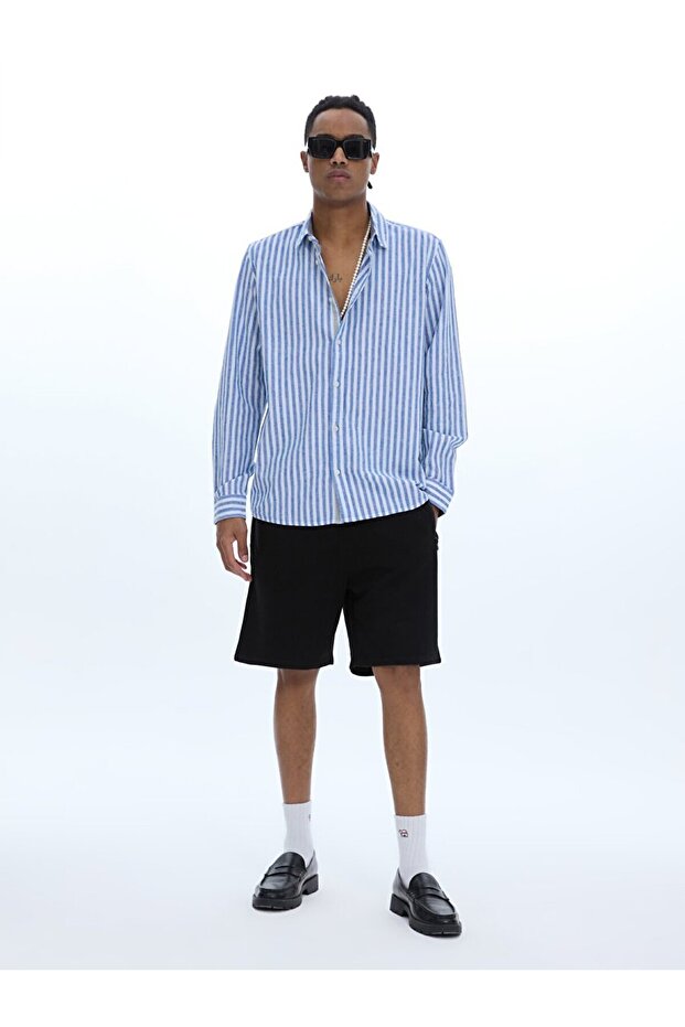 Çizgili Keten Görünümlü Mavi Gömlek - 1