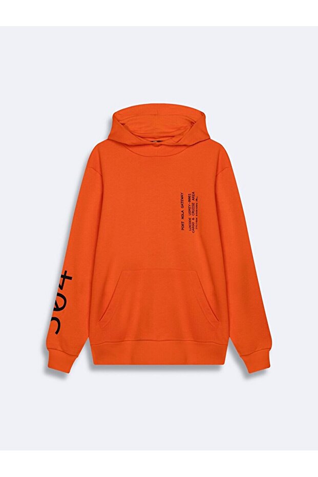 Kontrast Baskılı Kapüşonlu Turuncu Sweatshırt - 1