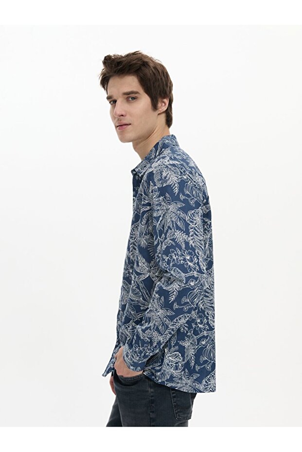 Çiçek Desenli Mavi Gömlek - 4