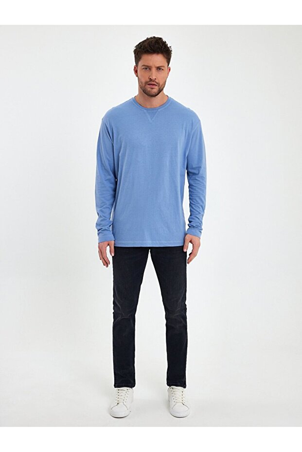 Bisiklet Yaka Basıc Mavi Sweatshırt - 1