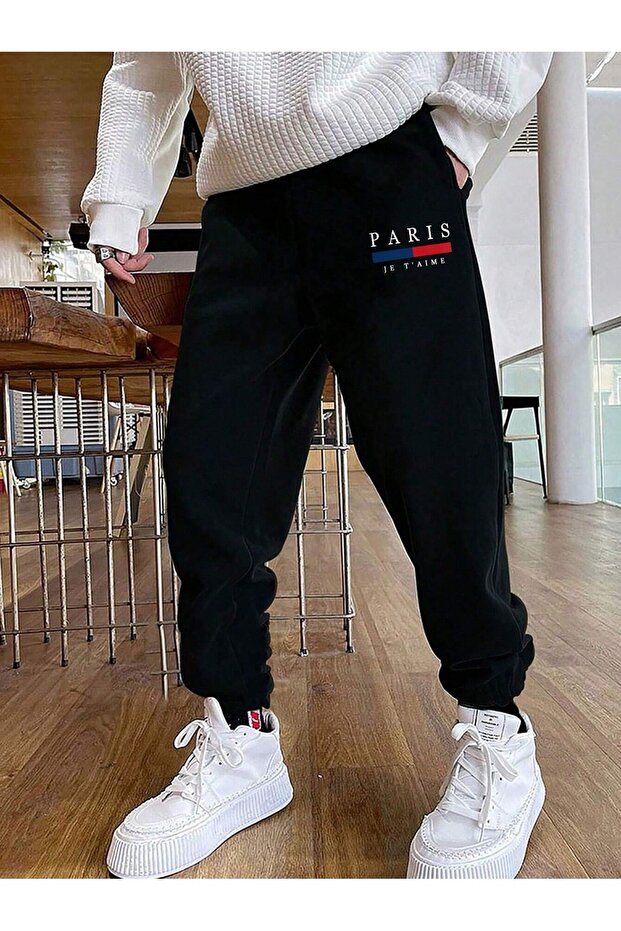 Paris Line Sweatpants Jogger - Black Printed High Waist Elastic Leg