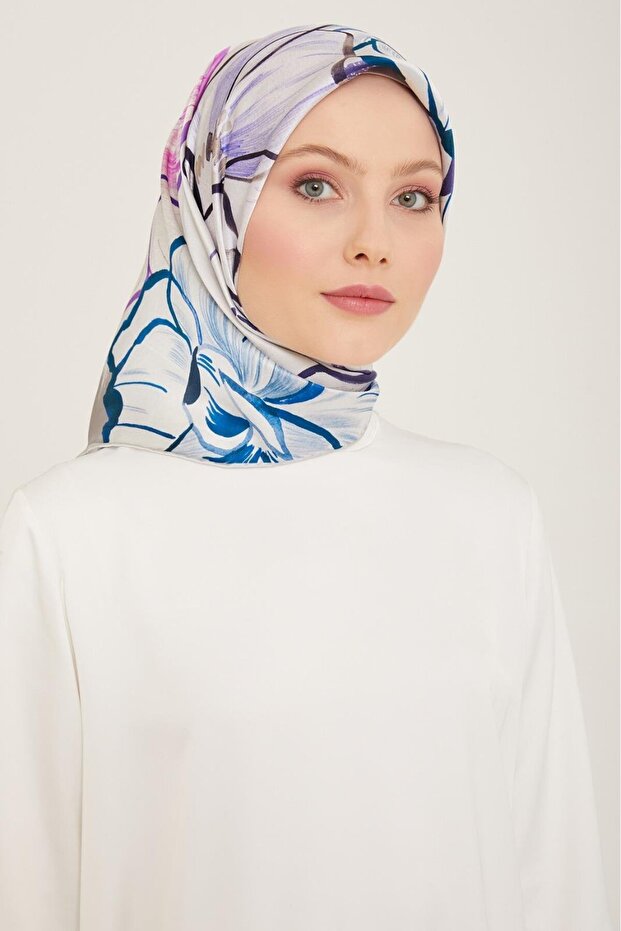 Gray Floral Pattern Tivil Silk Scarf 9110 - 35