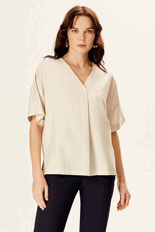 V Yaka Pileli Bluz - 1