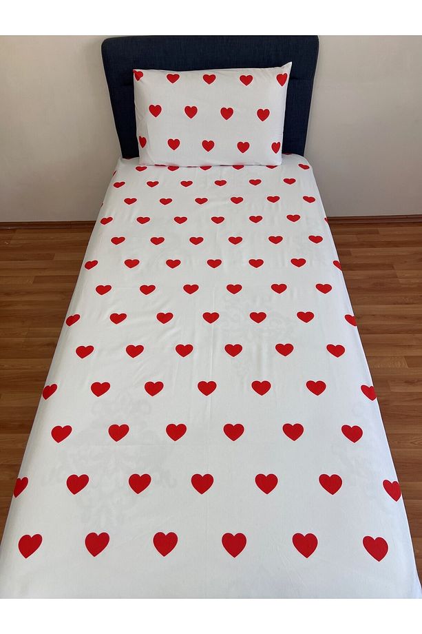 Fitted Lastikli Çarşaf Takımı (YASTIKLI) Tek Kişilik Çift Kişilk Kalpli Kırmızı - 3