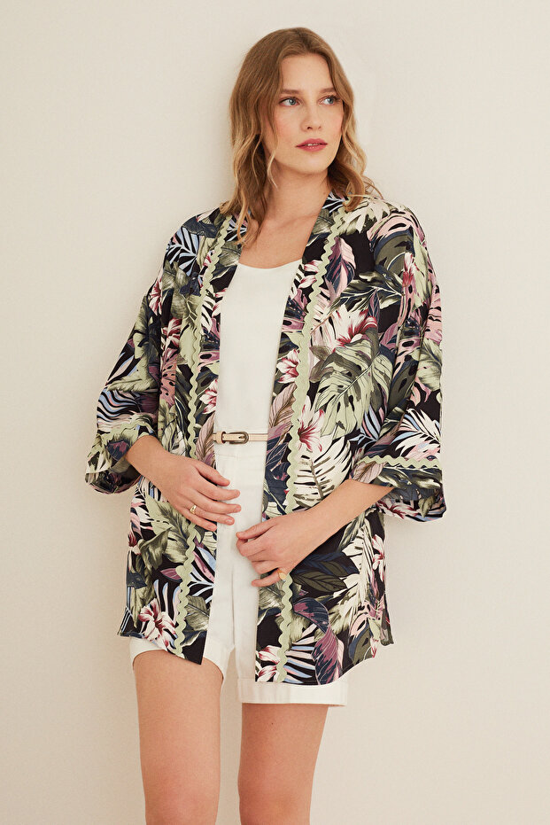 Three Quarter Sleeve Patterned Kimono Jacket - 1