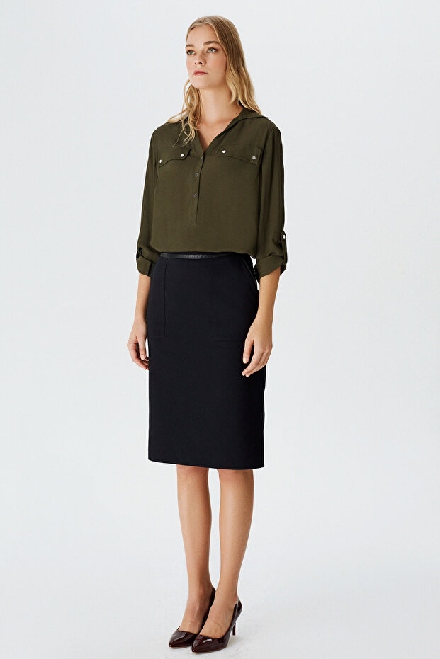 Deri Detaylı Kalem Etek - 2