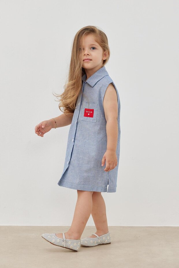 Mavi Çizgili Gömlek Elbise - 2