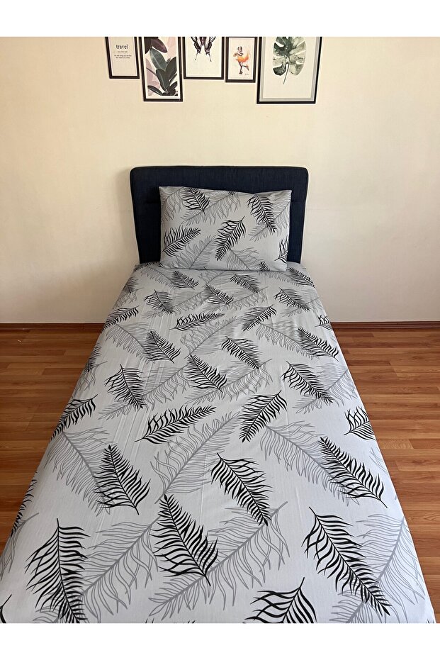 Gray Black White Feather Patterned Single Elastic Sheet Set - 4