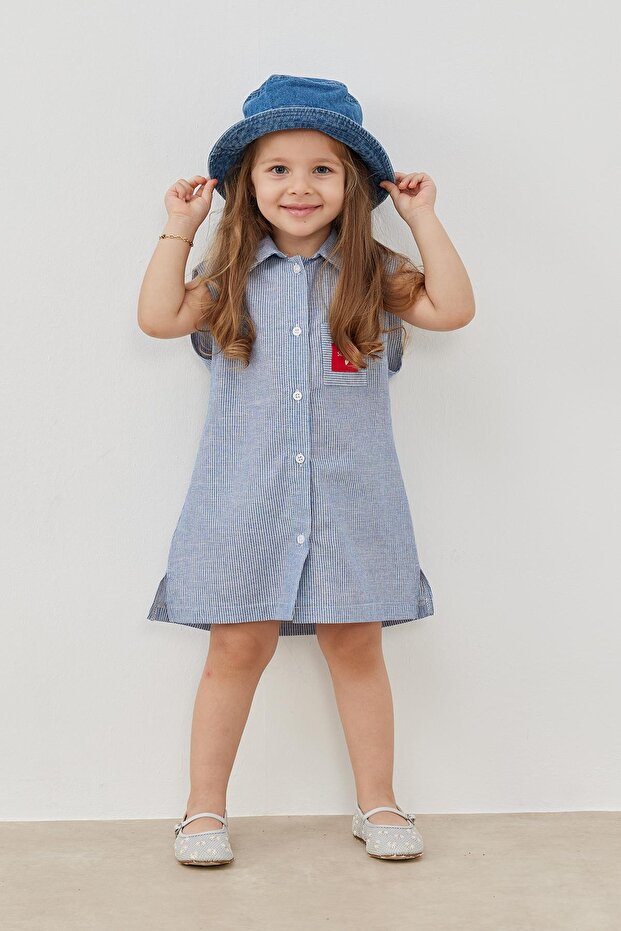 Mavi Çizgili Gömlek Elbise - 1