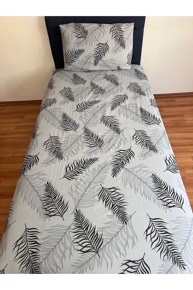 Gray Black White Feather Patterned Single Elastic Sheet Set - 3