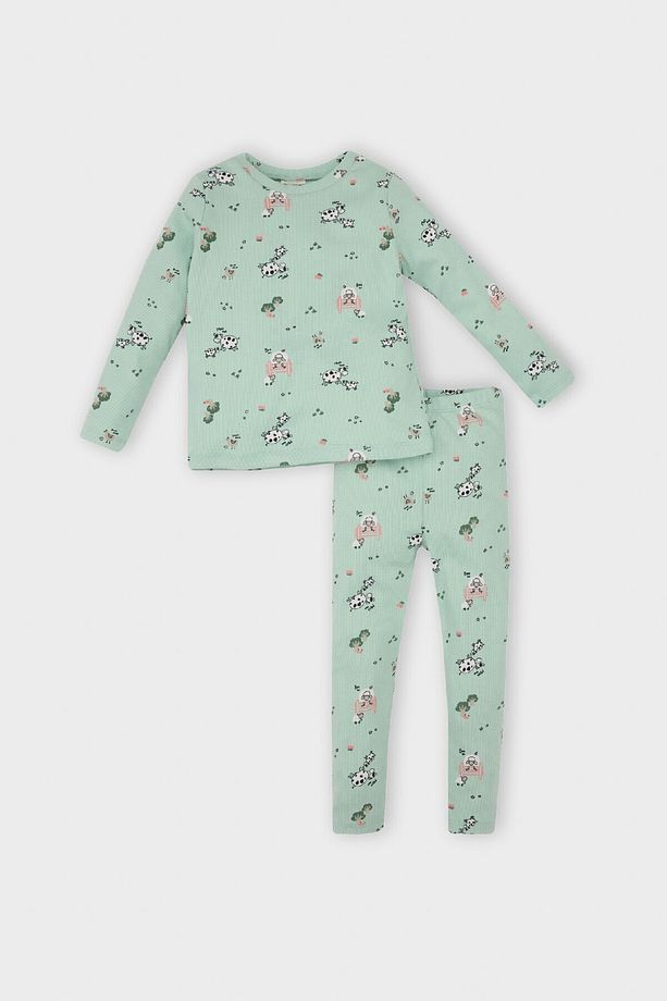 Kız Bebek Pijama Takımı Hayvan Desenli Fitilli Kaşkorse Uzun Kollu Üst Uzun Alt D3627a524wn - 1