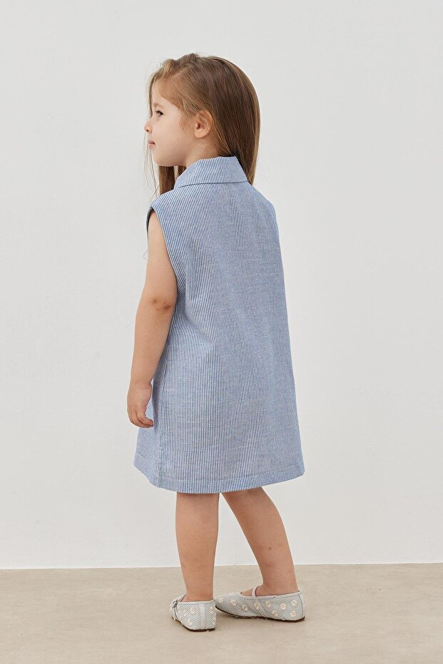 Mavi Çizgili Gömlek Elbise - 5