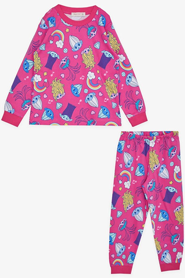 Babely Girls' Pajama Set with Smurfs Pattern, Ages 1-4, Fuchsia