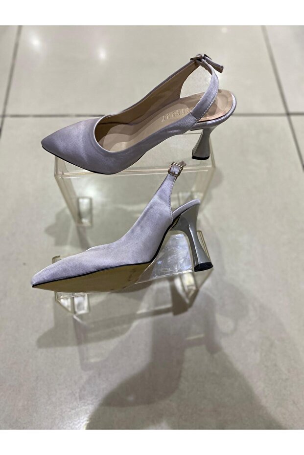 Gray Color Outer Material Satin Open Back Goblet Heeled Women's Shoes