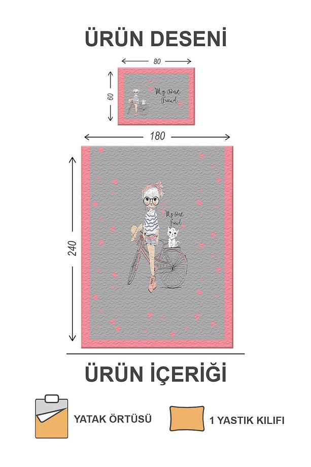 Pamuk Dolgulu Kadife Kumaş Kız Bisiklet Desenli Tek Kişilik Kapitone Yatak Örtüsü Seti Drk-0105 - 2