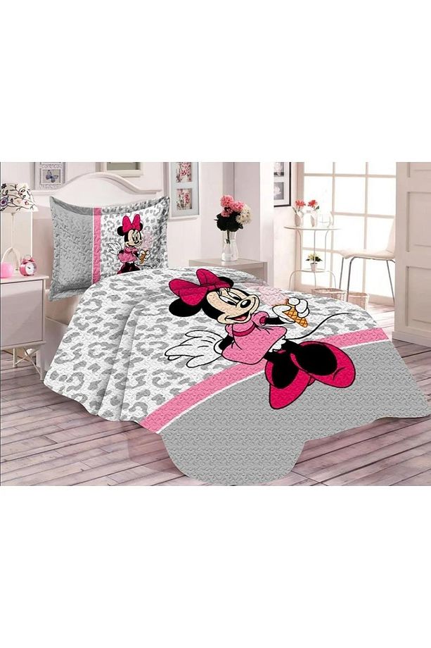 Pamuk Dolgulu Kadife Kumaş Mickey Mouse Desenli Tek Kişilik Çocuk Kapitone Yatak Örtüsü - 1