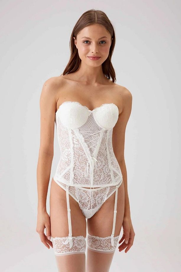 Balenli Desteksiz Jartiyer Büstiyer String Çorap Takım - 1
