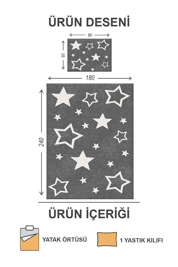 Kapitoneli Pamuk Dolgulu Kadife Kumaş Yıldız Desenli Tek Kişilik Çocuk Genç Yatak Örtüsü Seti - 2