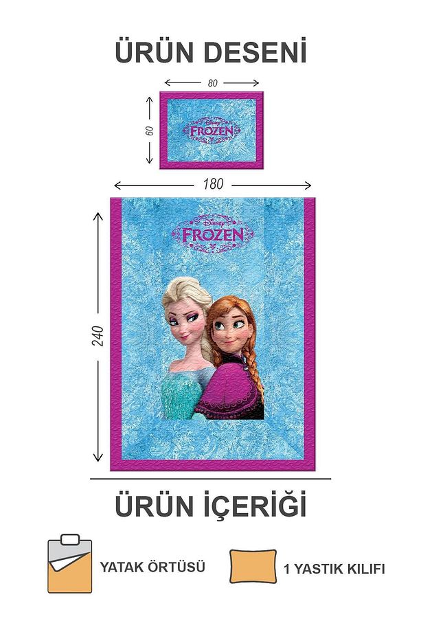 Pamuk Dolgulu Kadife Kumaş Elsa Frozen Desenli Tek Kişilik Kapitone Yatak Örtüsü Seti Drk-0107 - 2