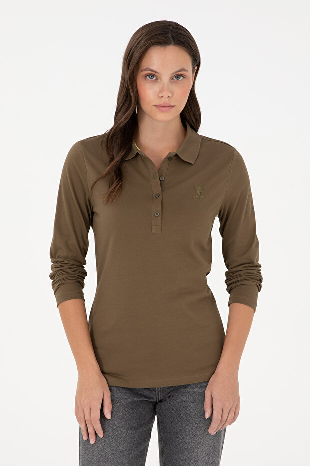 Women's Khaki Basic Polo Neck Sweatshirt 50289541-Vr027