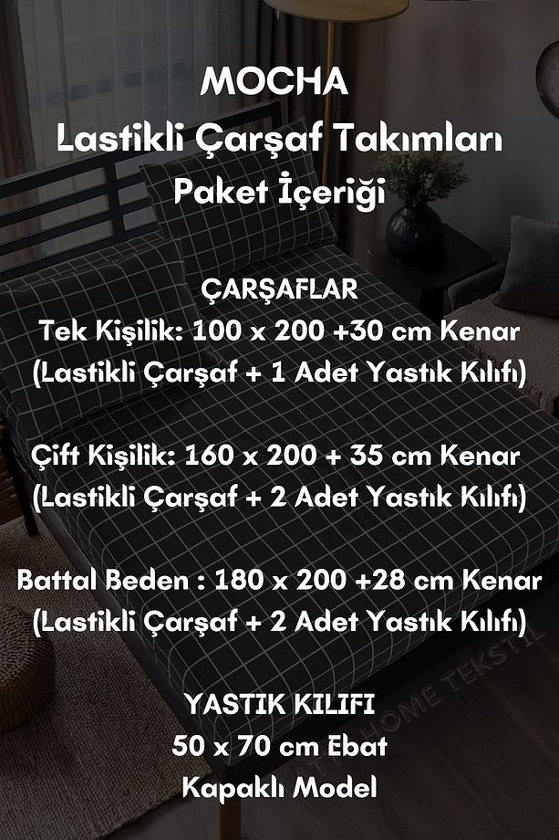 Mocha Antrasit Ekose Desenli Pamuklu Ranforce Kumaş Lastikli Çarşaf Takımı (Tek-Çift-Battal Ebat) - 2