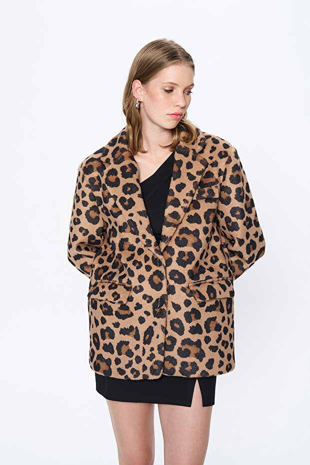 Camel Leopard Patterned Oversize Stamp Blazer Jacket - 3