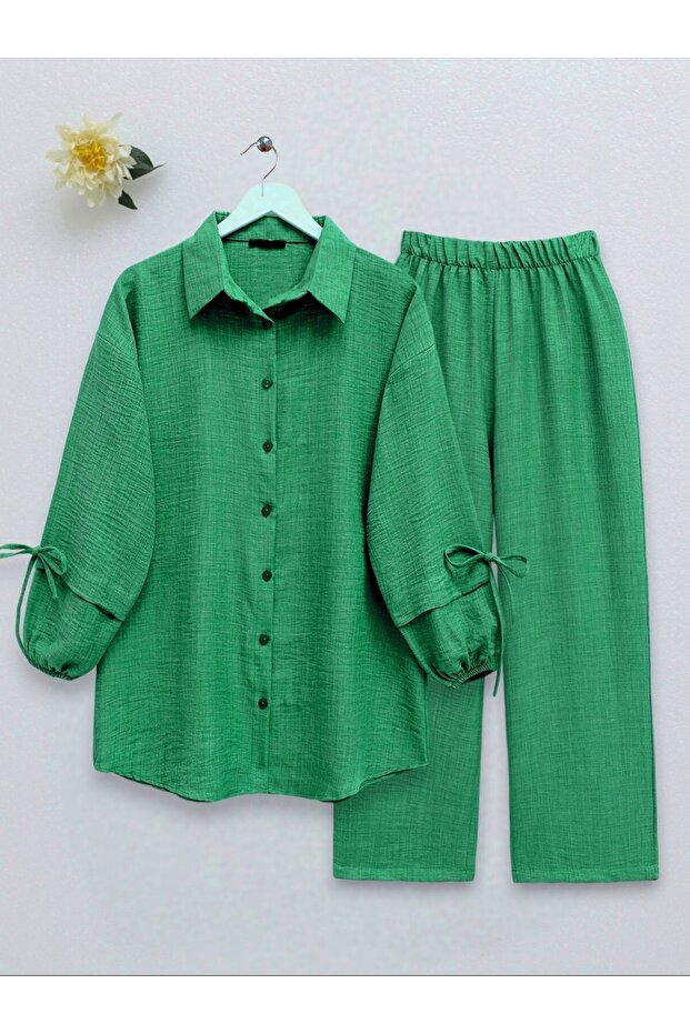 Double Set with Elastic Sleeves and Lacing Detail - Green