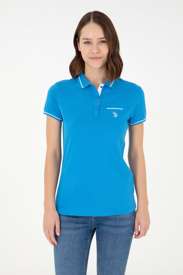 Women's Cobalt Blue Polo Neck T-Shirt 50280039-Vr045