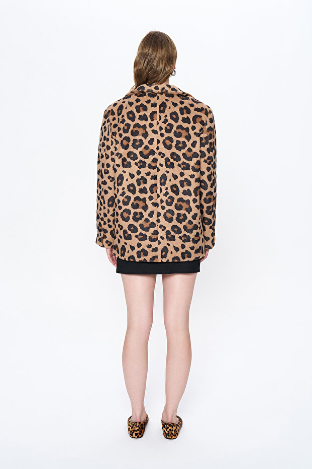 Camel Leopard Patterned Oversize Stamp Blazer Jacket - 5