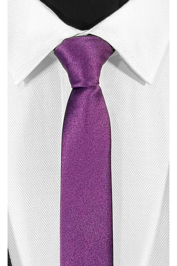 Ekstra Ince Açık Mürdüm Renk Düz Slim Fit 4 Cm Genişliğinde Kravat Mendil Seti Slim Fit Dar - 4
