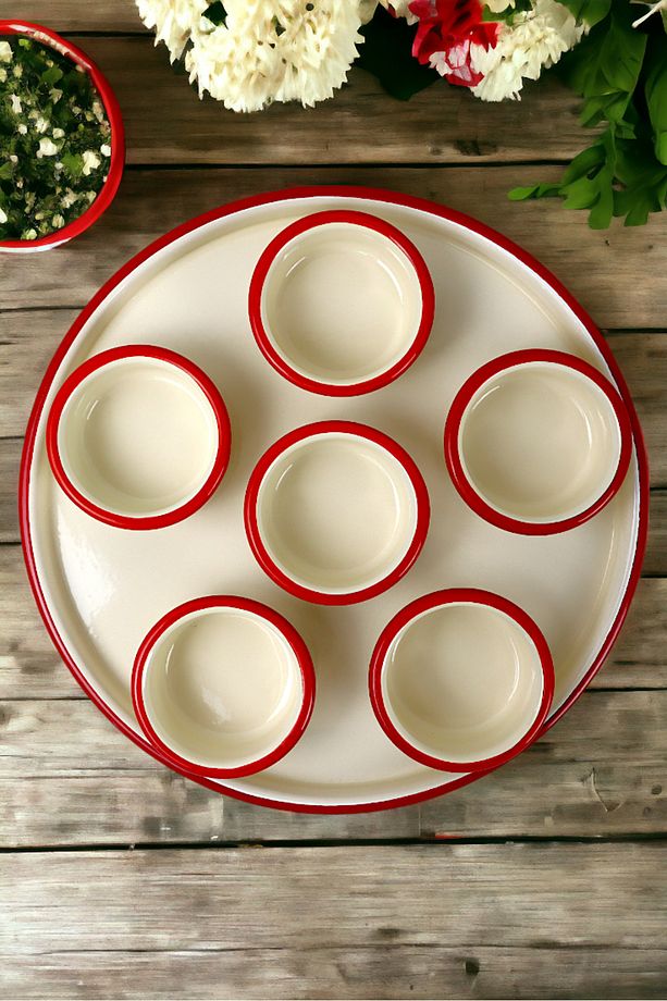 7 Parça Orta Boy Emaye Kahvaltı Seti, Sunum, Kahvaltı Tabağı, Reçellik, Zeytin, Peynir Tabağı, - 3