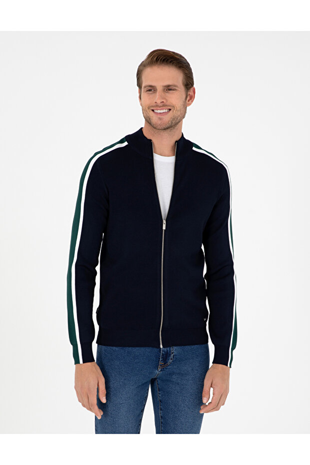 Navy Blue Slim Fit Wool Blend Zippered Knitwear Cardigan 50296447-Vr033