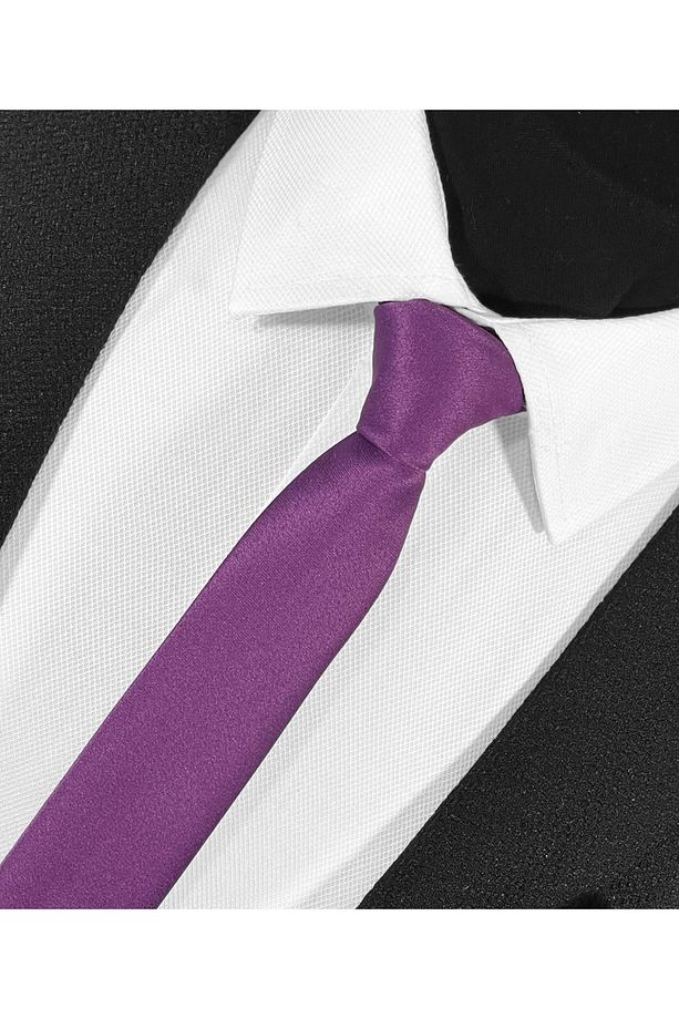 Ekstra Ince Açık Mürdüm Renk Düz Slim Fit 4 Cm Genişliğinde Kravat Mendil Seti Slim Fit Dar - 1