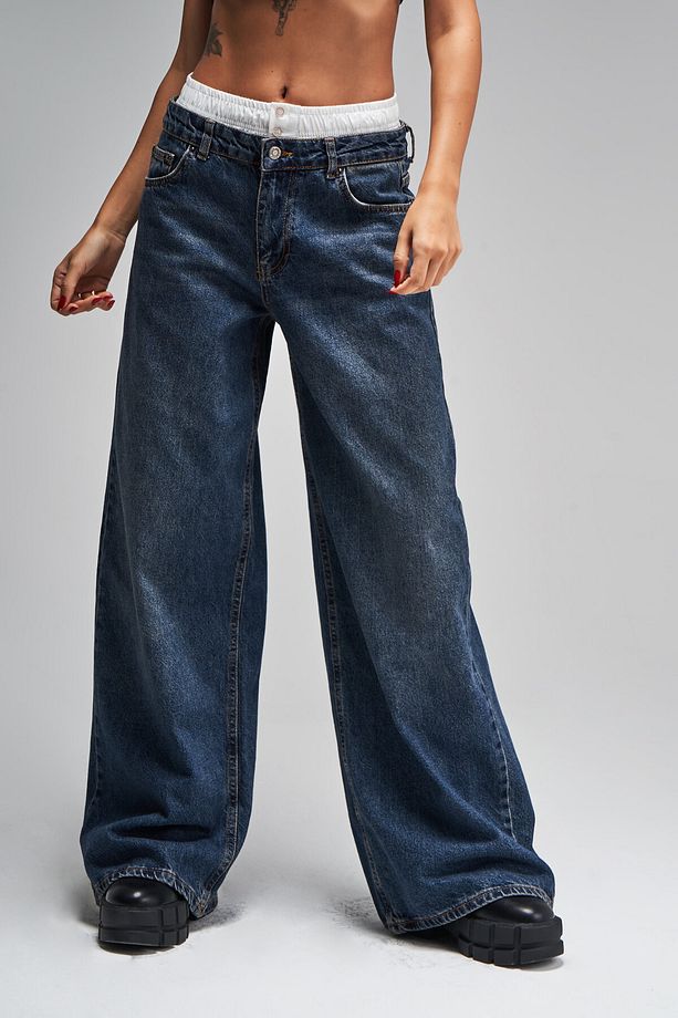 Kadın Tint Kot Rengi Boxer Detaylı Palazzo Fit Denim - 6
