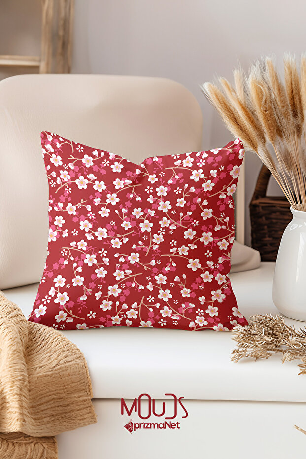 غطاء وسادة مفرد مطبوع عليه زهور حمراء مطبوعة على الوجهين - 1