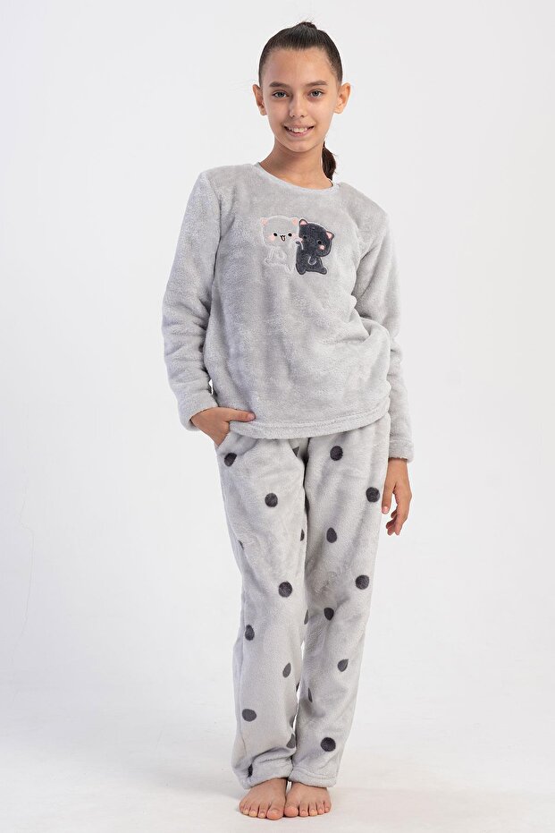 Kız Çocuk Uzun Kol Welsoft Gri Pijama Takım C4T5N1O304 - 1