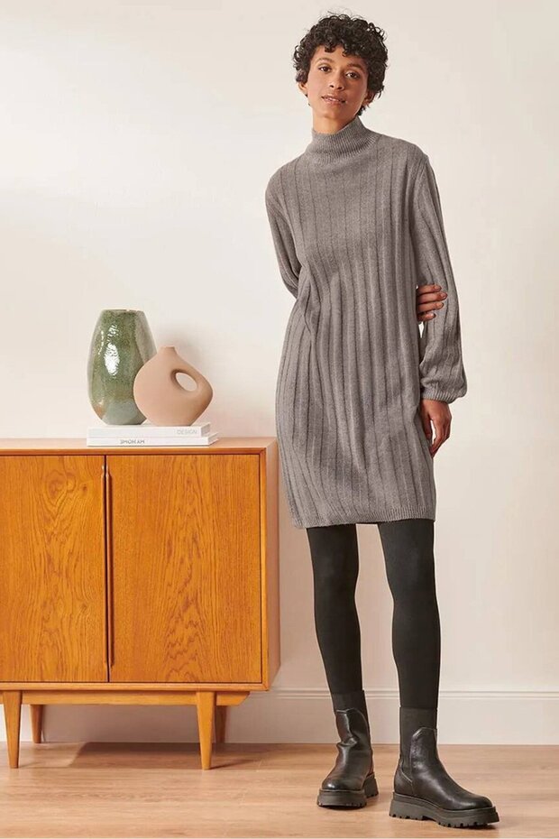 Women Mock Neck Long Sleeve Knitted Sweater Dress, Taupe