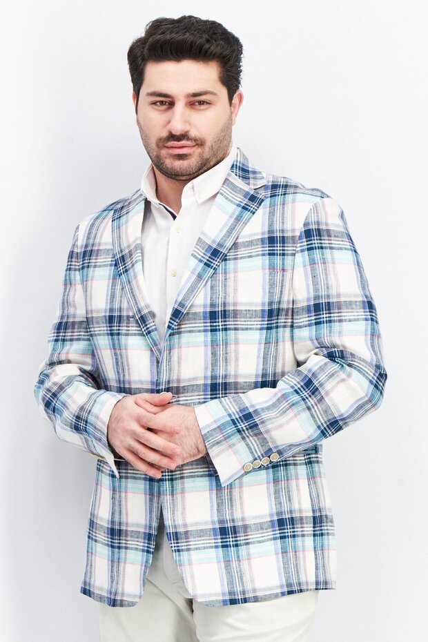 Men Slim Fit Plaid Casual Blazer, Blue Combo