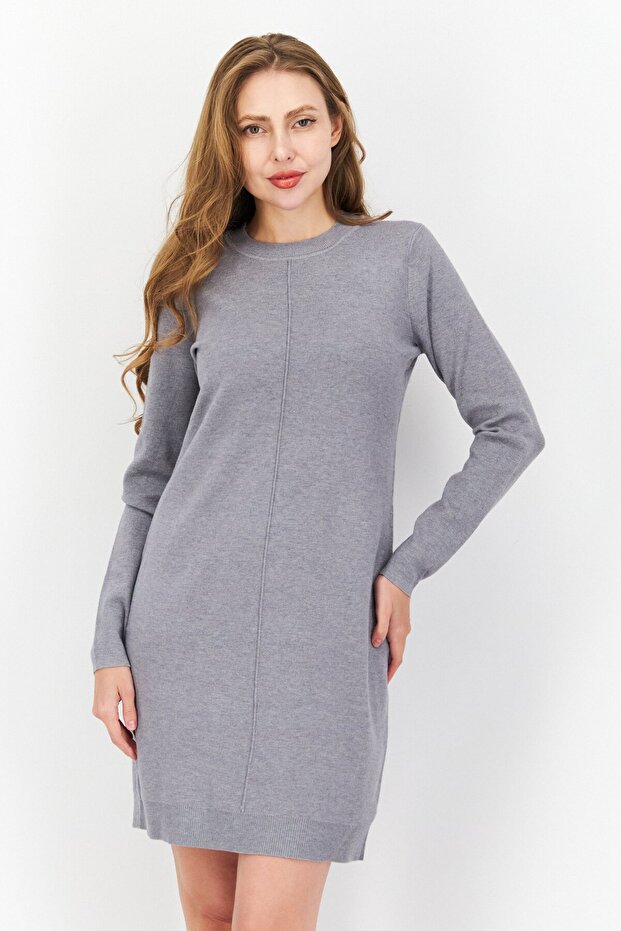 Women Solid Sweater Dress, Grey