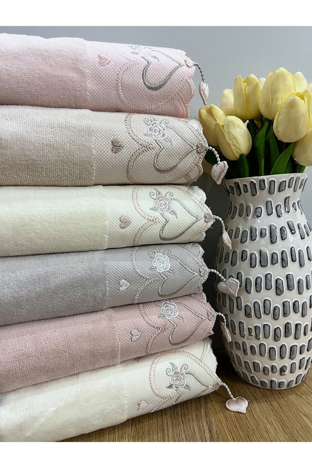 6-Piece Heart Earring Floral Embroidery Colorful Dowry 50X90 Hand Face Towel Set