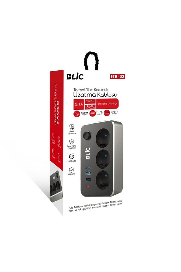 Blic Termal Akım Korumalı Isıya Dayanıklı 3'lü Priz 2 Mt 2xUSB 1xType C FTR-02 - 2