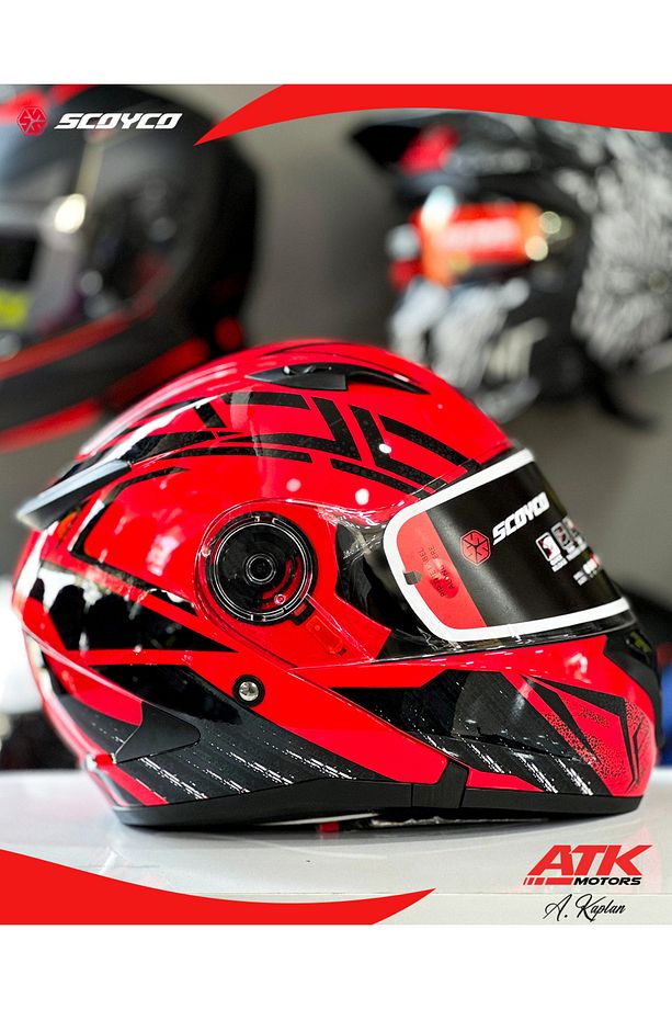 868 Azrael Çene Açılır Kask Motosiklet Kaskı Açılır Kask Kırmızı Kasklar - 3