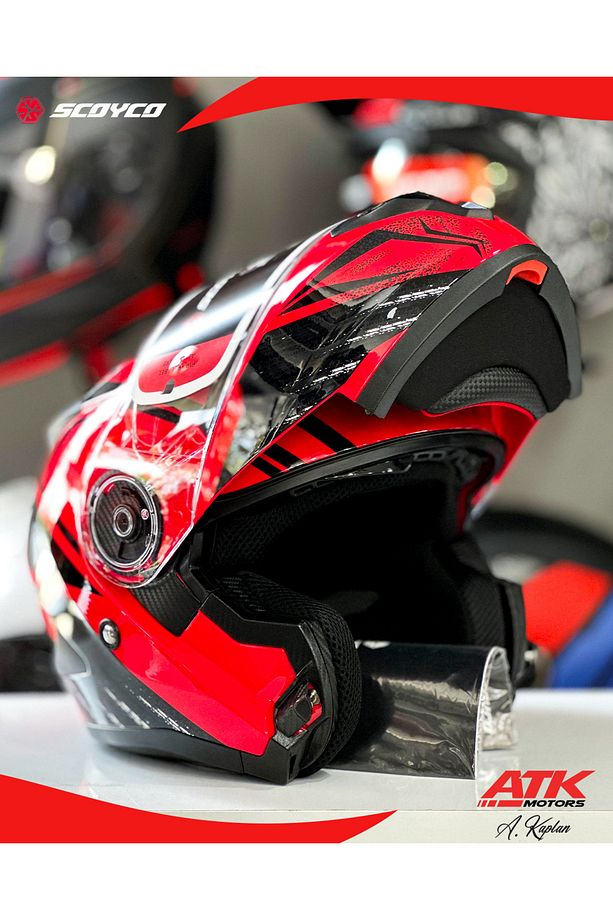 868 Azrael Çene Açılır Kask Motosiklet Kaskı Açılır Kask Kırmızı Kasklar - 2