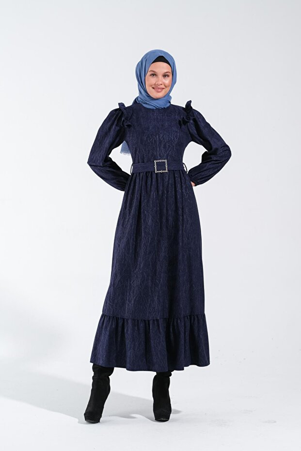2254_Women's Nubuck Burning Pattern Shoulder Ruffle and Belt Buckle Detail Crew Neck Long Flared Dress