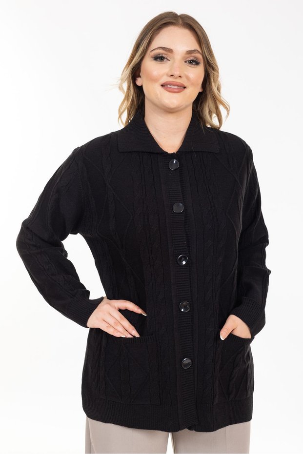 Women's Middle-Age and Above Soft Texture Polo Collar Buttoned Mother Knitwear Cardigan 2417-Black