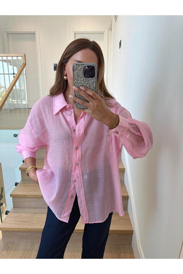 4924 Pembe Oversize İpeksi Gömlek - 3