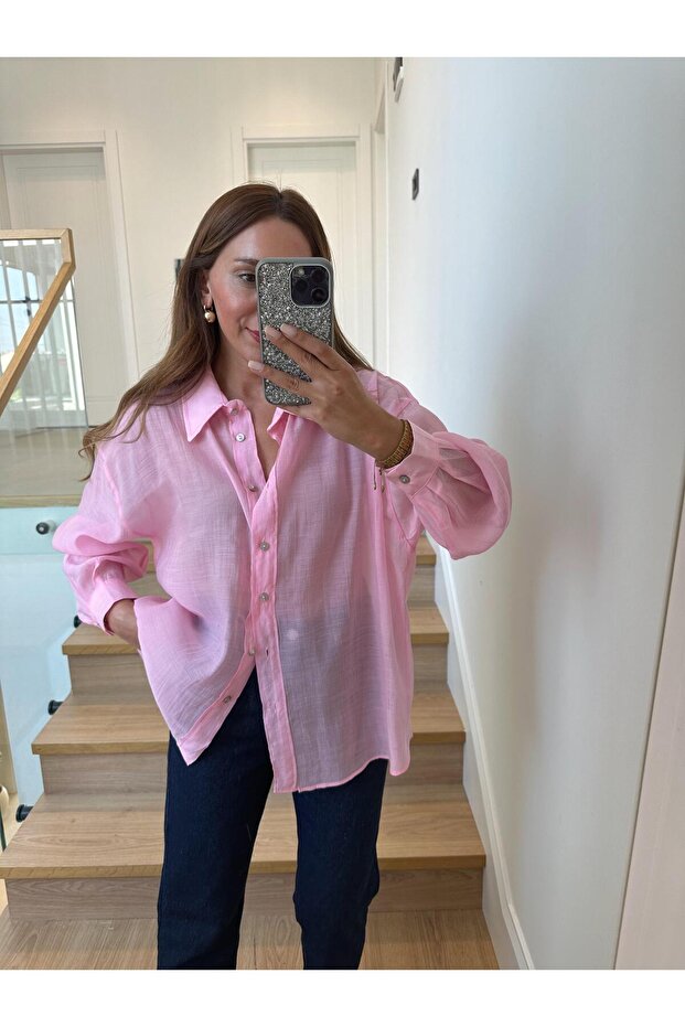 4924 Pembe Oversize İpeksi Gömlek - 4