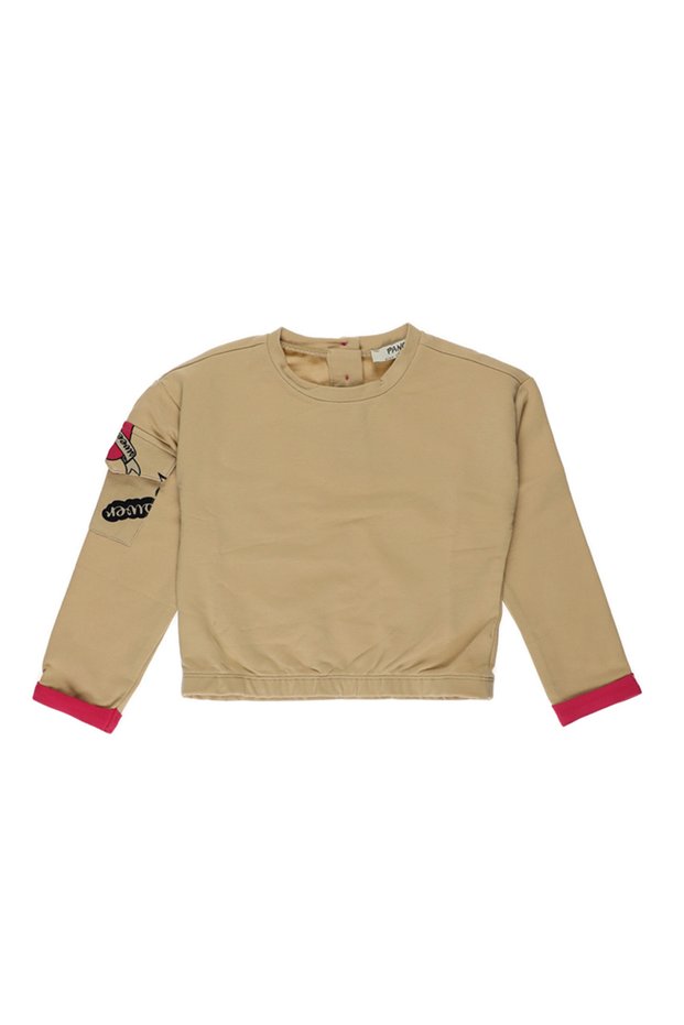 Baby Girl Beige Sweatshirt with Sleeve Pocket Detail