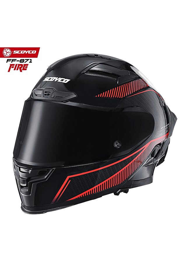 FF-871 FIRE SİYAH-KIRMIZI-CARBON GÜNEŞ VİZÖRLÜ KAPALI KASK (SİYAH CAMLI) - 1