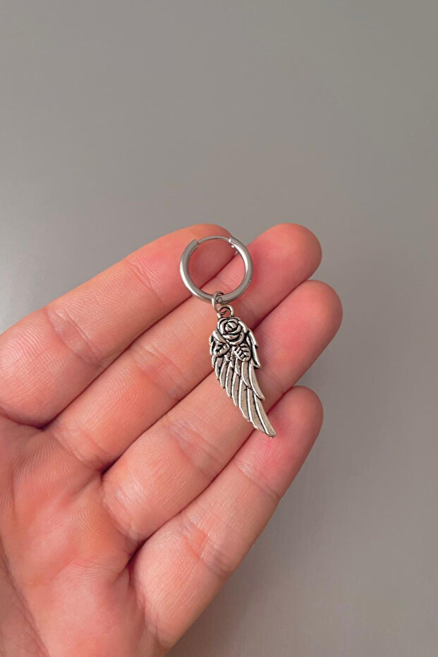 Unisex Silver Angel and Rose Patterned Steel Hoop Earrings